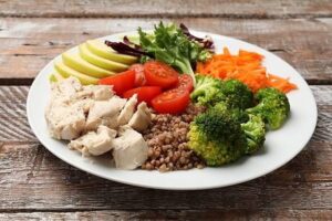 Teller mit Hähnchen, Buchweizen, Gemüse und Avocado als Kohlenhydratmahlzeit